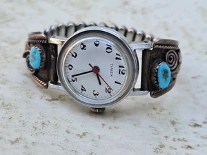Navajo Sterling 925 natürliche Koralle Türkis Timex Aufzug Damenuhr Manschette HN - Bild 1 von 9