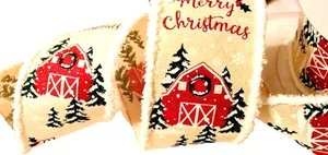 Merry Christmas Red Barn 2.5" by 2 yards Wired Ribbon Chenille Edges Farmhouse - Picture 1 of 5