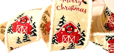 Merry Christmas Red Barn 2.5" by 2 yards Wired Ribbon Chenille Edges Farmhouse - Image 1 of 4