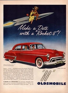 Oldsmobile "88" Red Car Man & Woman Riding a Rocket 1950 Vintage Print Ad-C-4.1 - Picture 1 of 1