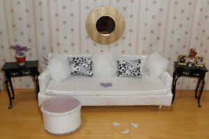 White Sofa with Pillows and Ottoman   Dolls and other diorama bits not included