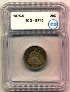 1875-S Seated Liberty Twenty Cent Silver Coin 90% Fine Silver ICG XF 40 - Picture 1 of 2
