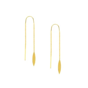 Oblong Drop Threader Earrings Real 14k Yellow Gold - Picture 1 of 2