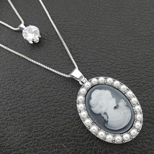 Fashion White Faux Pearl Gray Cameo Oval Pendant Double Chain Necklace - Picture 1 of 3