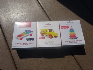 3 Hallmark Ornament  FP Fisher Price Mini School Bus-Rock-A-Stack-Xylophone Boxe - Picture 1 of 4