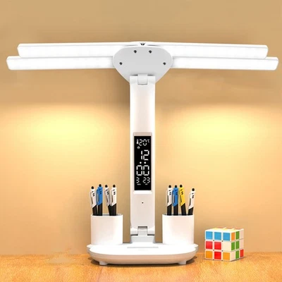 LED Schreibtischlampe Tischlampe Dimmbar Doppelkopf Leselampe Büroleuchte USB - Bild 1 von 4