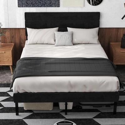 大号金属床架天鹅绒内饰床头板金属平台床架 — 第 1/4 张图片