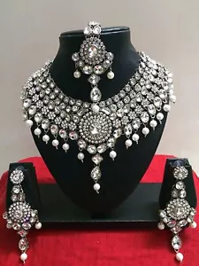 Indian Bollywood Bridal Diamante Kundan Pearl Rhodium Plated Jewelry Set - Picture 1 of 4