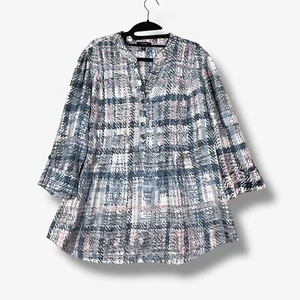 Cocomo Tunic Top Women 2X Plaid 3/4 Sleeve Button Up Lightweight Flowy Boho Chic - Picture 1 of 8