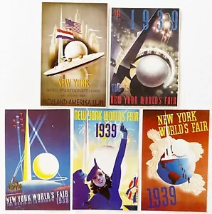 Lotto 5 ritagli poster vintage 1939 NEW YORK FIERA MONDIALE ArT DeCo piccoli 3,75"x5,5" REPRO - Foto 1 di 2