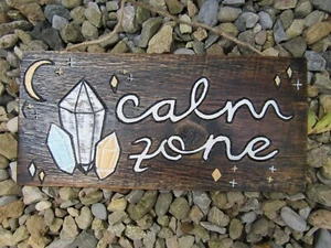 Hand Carved Made Wooden Calm Zone Crystal Healing Wall Art Plaque Fair Trade - Picture 1 of 3