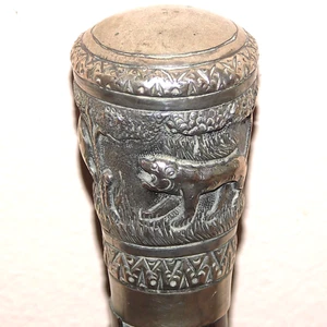 Rare 19rh C. Walking Stick with Indian Cast Silver Knob Embossed Wild Animals - Picture 1 of 10