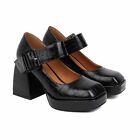 Women's Platform Buckle Mary Jane Pu Leather Shoes Squae Toe Mid Heel Block  New