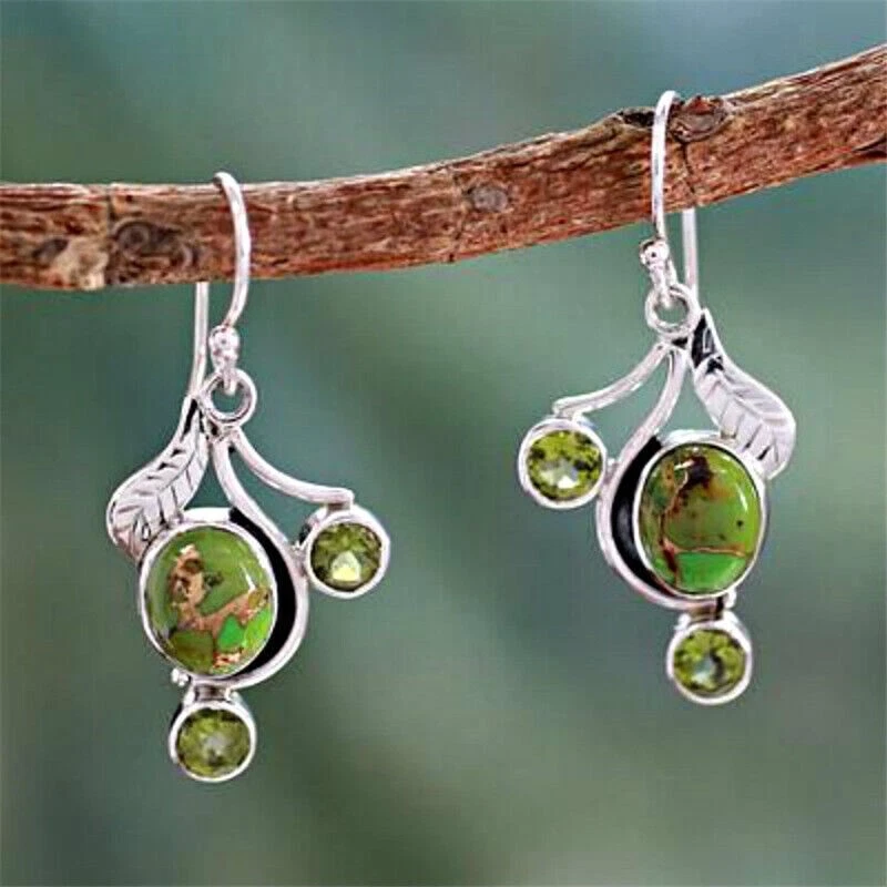 New Silver Plated Green Copper Turquoise & Peridot CZ Hook Dangle Drop Earrings - Image 1 of 1