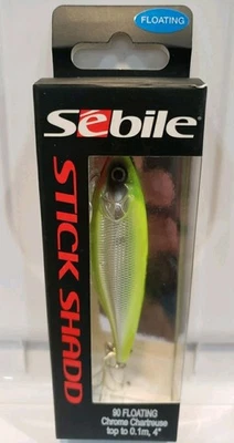 Señuelo de bajo Sebile Stick Shad 3,5" flotante sin labios Jerkbait .5 oz cromado Chartreus Foto 1 de 4