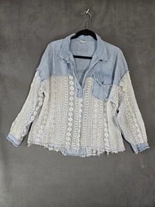 POL denim lace crochet collared popover Blouse Shirt Blue Medium Boho Sheer - Picture 1 of 10