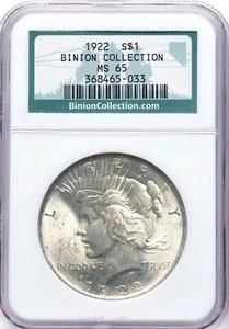 1922 Binion Collection Peace Dollar NGC MS-65 - Picture 1 of 2