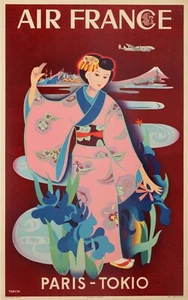 TABUCHI Yasse VINTAGE POSTER AIR FRANCE PARIS-TOKIO TOKYO 1952 - Picture 1 of 1