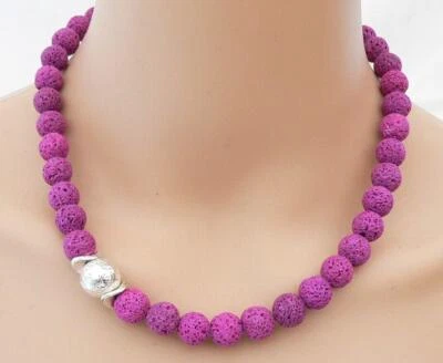 Halskette Perlen Lava violett, Beere Eyecatcher silber Scheibe versilbert 192e - Bild 1 von 4