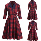 Womens Christmas Plaid Check Wrap Dress Retro Long Sleeve Party Swing Xmas Dress