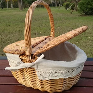 Wicker Picnic Basket Wooden Split Lid Picnic Basket Vintage-Style camping Hamper - Picture 1 of 9