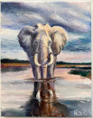 Pintura Original ACEITE, Retrato de Elefante, 10x8 pulgadas, Decoración de Arte de Pared, REGALO PARA EL HOGAR Foto 1 de 4
