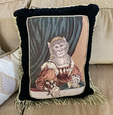 Renaissance Monkey Needlepoint Tapestry Fringe Pillow Black Velvet 17 x 20 - Image 1 of 4