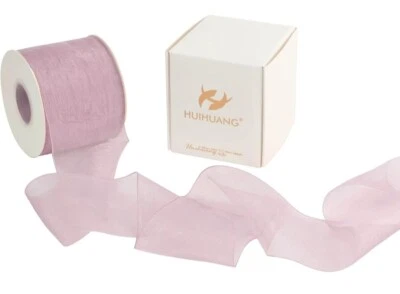HUIHUANG Mauve Organza Ribbon 3 inch Dusty Rose Shimmer Sheer - Image 1 of 4