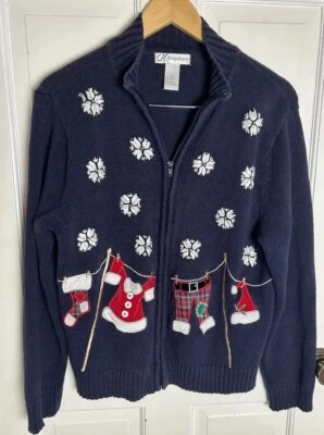 Веселый уродливый Рождественский свитер женщин, L, Dressbarn, темно-синий, Санта линия одежды, полный - Изображение 1 из 4