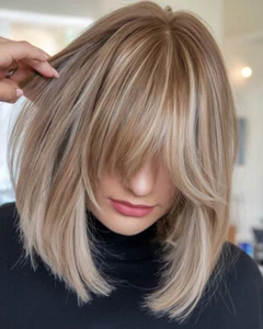 Blonde Highlight With Bangs 13x4 Lace Front Human Hair Wig For Women Daily Use - Picture 1 of 2