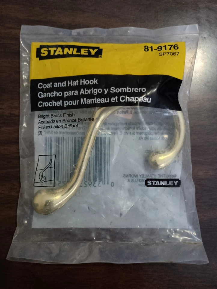 Stanley Coat and Hat Hook 81-9176 Bright Brass Finish Screws Unopened