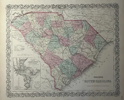 Mapa antiguo de Colton de Carolina del Sur de 1870 con Savannah y Charleston de 17" x 14" Foto 1 de 4
