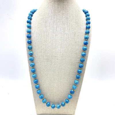 Collar Vintage Cuentas Mármol Piedra Azul Tono Dorado Espaciador Hilo Largo Foto 1 de 4