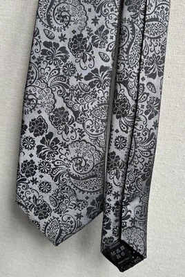 Mens River Island 100% Silk Silver Grey Paisley Floral Smart Event Tie - Image 1 of 3