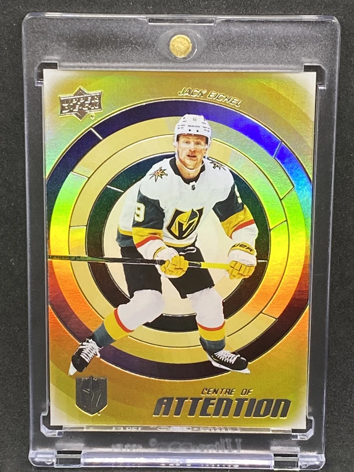 Jack Eichel RARO REFRACTOR LÁMINA DE ORO TARJETA DE INVERSIÓN CUBIERTA SUPERIOR VEGAS MVP COMO NUEVO Foto 1 de 2