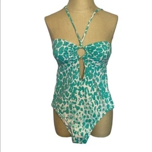 Milly Cabana Women Size P (0-2) Halter 1pc Swimsuit Ring Detail In Aqua Leopard - Picture 1 of 10