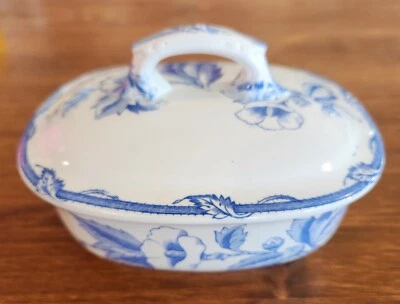 Antique  2pc Soap Vanity Dish & lid Blue Floral Transferware Etruria NE — 第 1/4 张图片