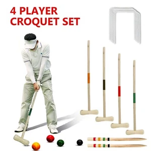 4 PLAYER TRADITIONAL GARDEN WOODEN MALLET BALLS CROQUET SET OUTDOOR TOY FUN GAME - Picture 1 of 19