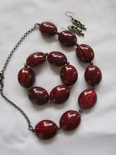 Deep Red & Black, Necklace, Bangle And Dangle Earring Set, Extension, Exc Cond