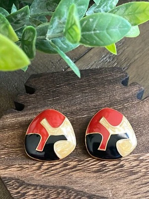 Pendientes Clip Esmalte Diseñador Art Deco Firmado Tono Dorado Rojo Negro Beige Foto 1 de 4