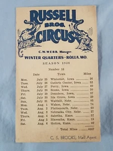 Vtg 1938 RUSSELL BROS CIRCUS ROUTE Card #16 - Picture 1 of 2