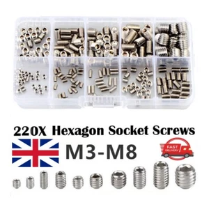 M3 M4 M5 M6 M8 STAINLESS STEEL SET GRUB SCREWS HEX SOCKET SET SCREW 220PCS-UK - Picture 1 of 6