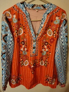 Faded Glory Womens Henley Buttons Orange Teal Floral 27 L 22 Across Front Pit To - Picture 1 of 24