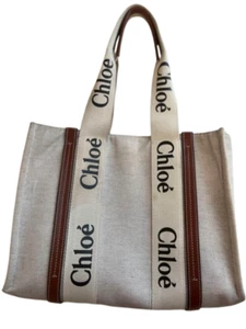 Chloé Woody Linen Canvas and Shiny Calfskin Leather Tote Bag Medium Beige Brown - Picture 1 of 6