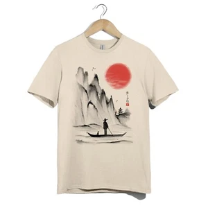 Japanese Red Sun T-Shirt |Zen Ink Painting Landscape Tee Unisex Asian Art Design - Picture 1 of 20