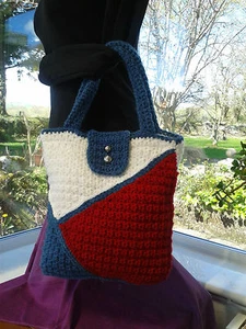 Handbag -Hand Crafted - Designer - Colour Block - Slate Blue, Red & White - Picture 1 of 9