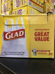Glad Tall Kitchen Handle-Tie 13 Gallon Trash Bags, 50 Count White, Box Dmg - Picture 1 of 6