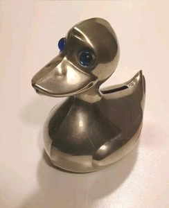 Vintage Genuine Silver Plated Brass 5” Duck Coin Bank Blue Glass Eyes - Picture 1 of 7