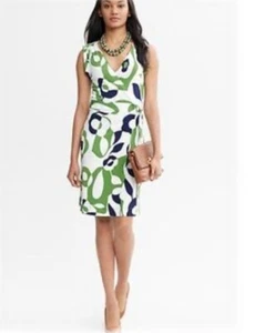 Banana Republic Geometric Preppy Twee Knee Length Wrap Dress Green/White Large - Picture 1 of 13