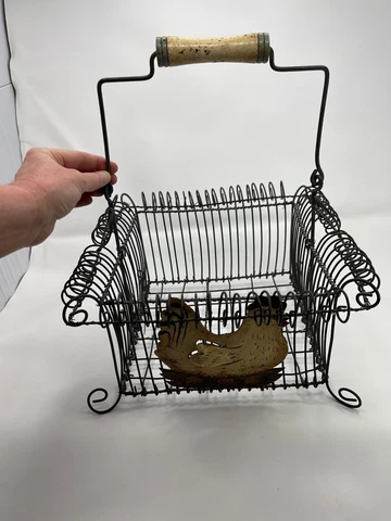 Large Wire Basket with Chicken Decor and Wooden Handles Rustic Modern Farmhouse Cover